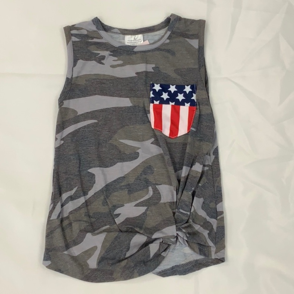 Camo Sleeveless Kids Top with American Flag Pocket